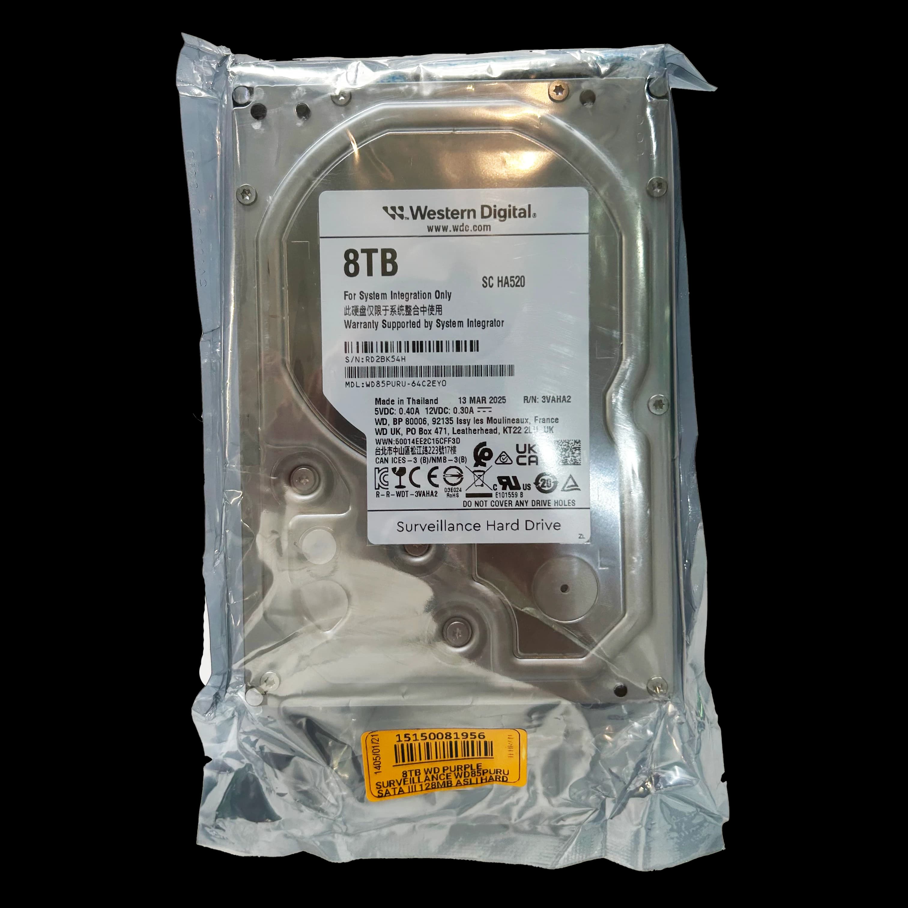 هارد دوربین مداربسته 8 ترابایت WD مدل Purple Surveillance WD85PURU